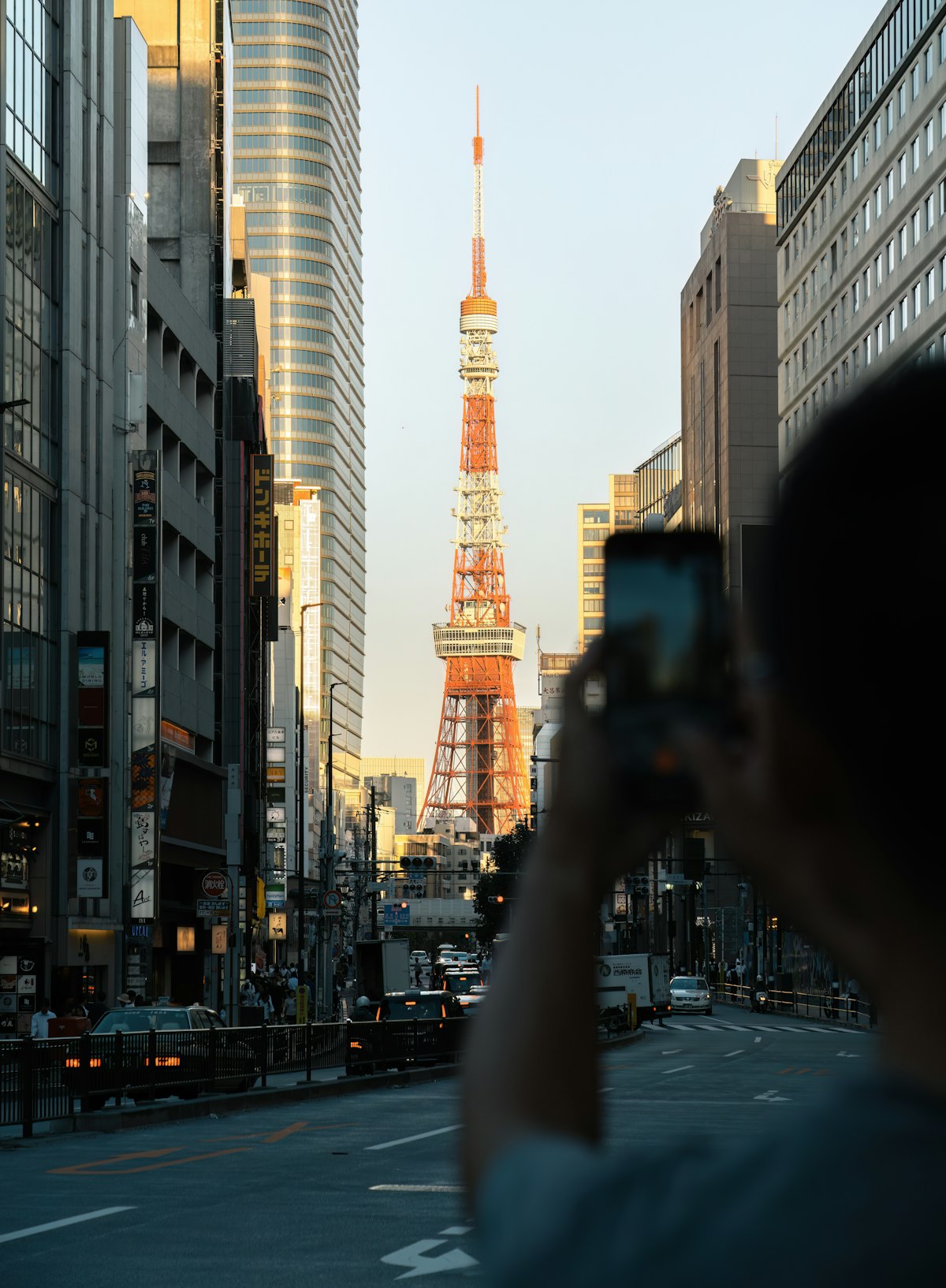 도쿄 시부야 스크램블 교차로를 배경으로 스마트폰을 들고 여행 일정을 확인하는 여행객의 뒷모습